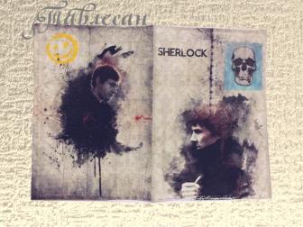 Обложка для паспорта «Шерлок и Джон» кожа, декупаж