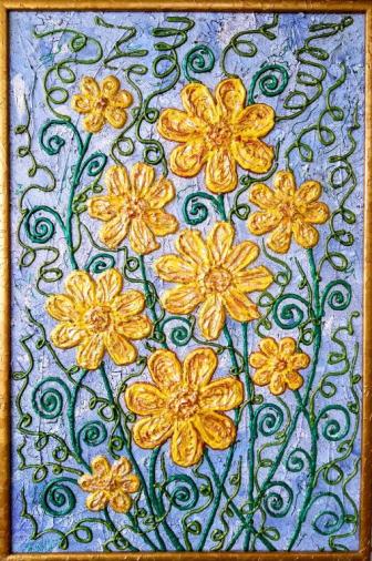 Желтые цветы. Картина — панно скульптурное